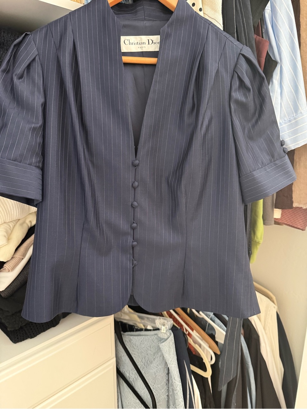 Dior wool Navy Pinstripe Short-Sleeve Buttoned Blazer silk lining sz 44F/ us 12